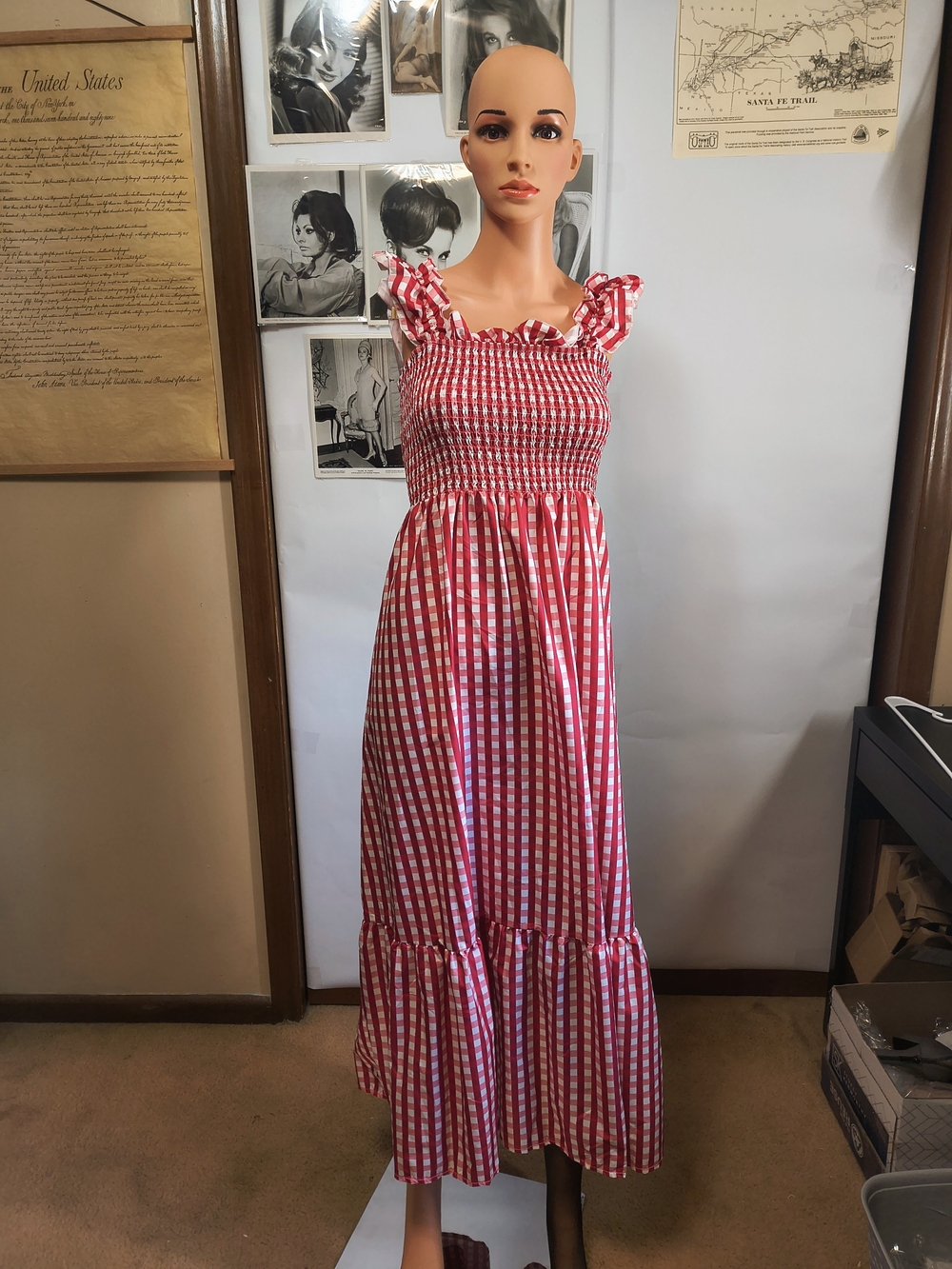 Red Gingham Smocked Ruffle Strap Dress Size XL